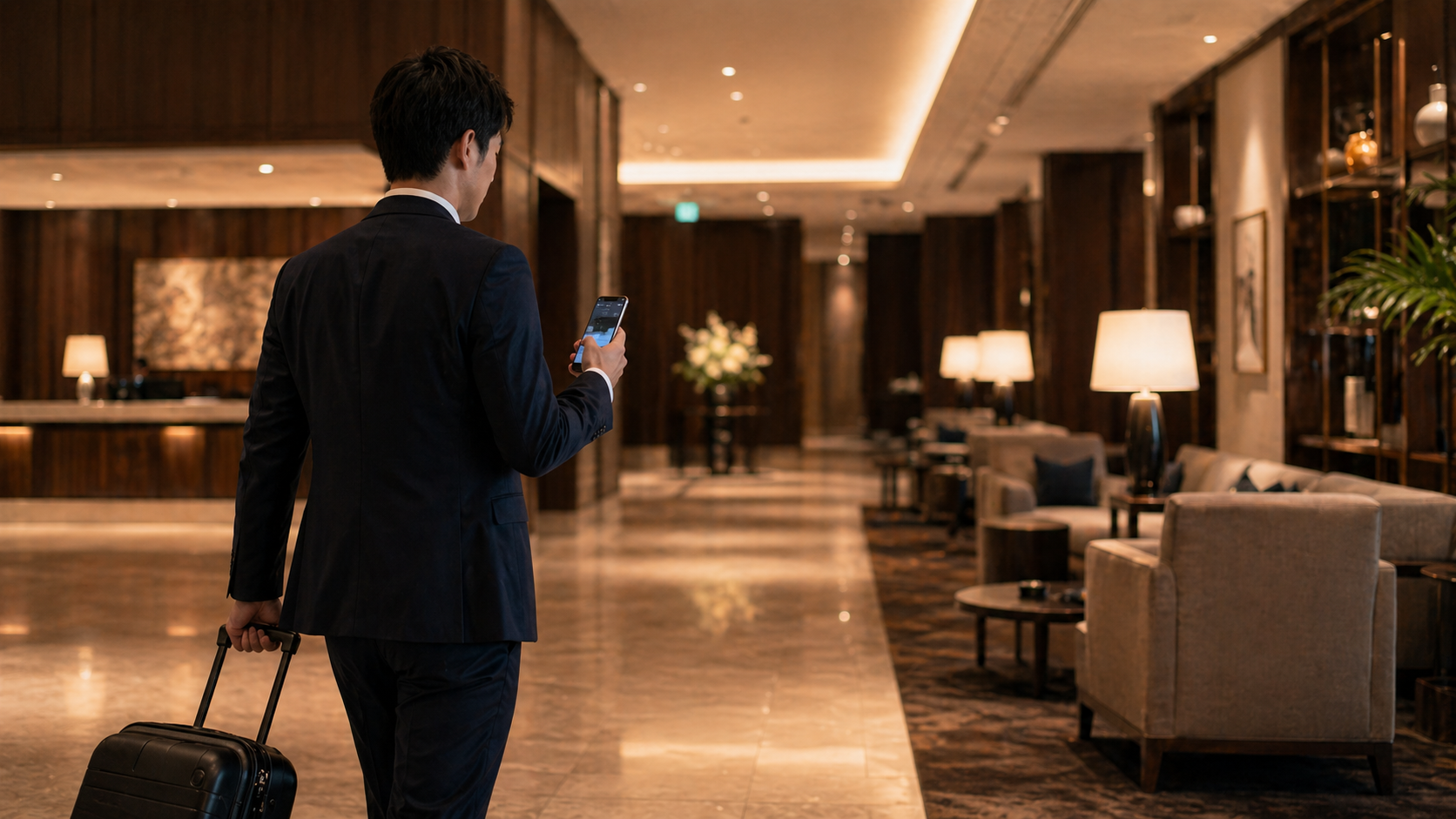 ホテルロビーでスマートフォンを確認する宿泊客